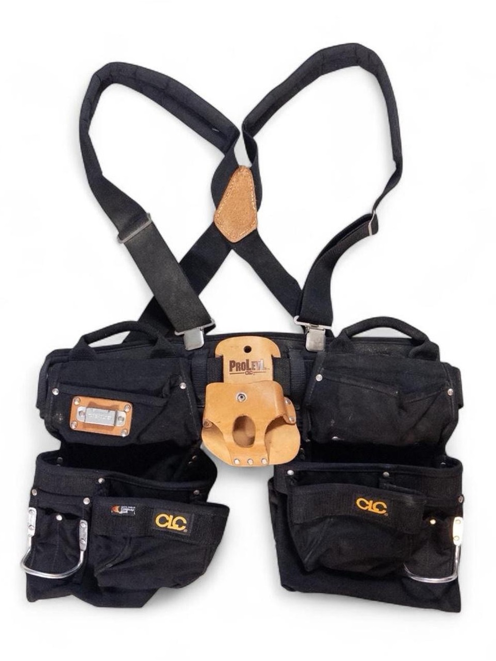 CLC Black Tool Belt Suspenders Leather Accents Pro Level Hammer Holder
